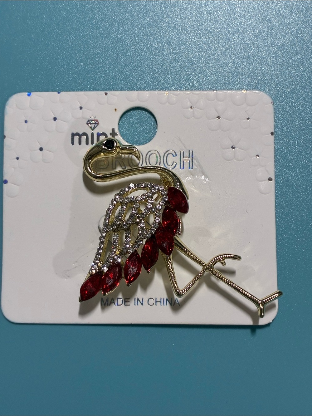 Mint Gold Flamingo Brooch with Red and Clear Crystals